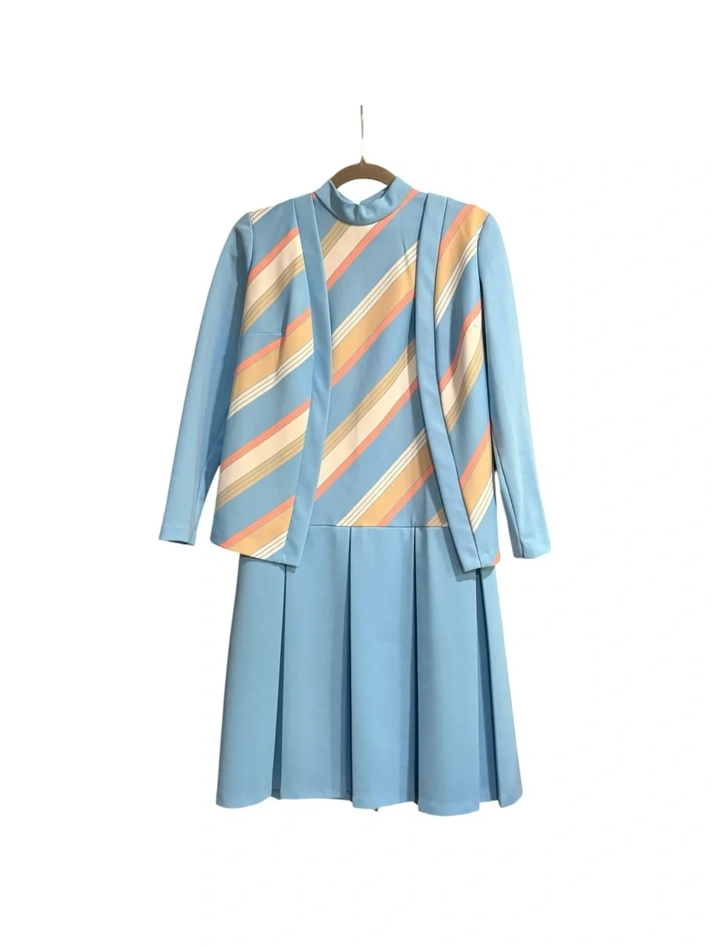 Vintage 1960s Mod Pastel Stripe Dress & Jacket Set Blue Pleated Skirt 2pc